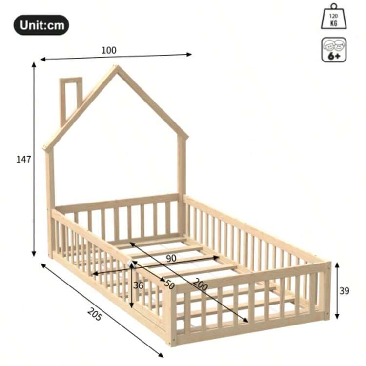 Hausbett, 90 X 200 Cm, Kinderbett Mit Schornsteinform, Bett Mit Lattenrost (Ohne Matratze), Kiefernholz, Minimalist Style, Nature - 自然的 - 查看 4