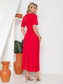 Novo Vestido Longo de Verão com Manga Curta e Cinto Central 2026 - Vermelho - Visão 6
