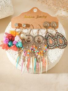 TopHanqi Bohemian Vintage Vacation Style Women's Earring Set, Multicolor Geometric Alloy Pendant Earrings With Tassel, Drop-Shaped, Round-Shaped, Coiled Wire Design, Fashionable Accessories For Parties, Work, Date, Street Snap, All Seasons - Multicolor - View 14