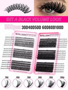 RITALASH 580pcs Eyelash Extension Kit, Includes Adhesive And Sealant, 6 Styles, Fluffy & Soft Lash Extension Set, 30D/40D/50D/60D/80D/100D D-Curl Natural DIY Individual Lash Cluster Set, Suitable For Beginners - Black - View 3