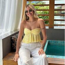 Women's Boho Chic Strapless Embroidered Top ✨ Front Tie With Cutout Detail | Summer Fashion ☀️ Knotted Fabric / Cutouts Beach Vacation Summer - Màu vàng - Xem 4