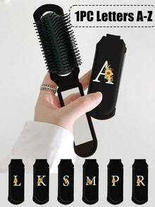 Espejo de maquillaje plegable 2 en 1 negro - Impreso con patrón de girasol y baya; Iniciales A-Z, esencial de belleza y viaje moderno, espejo de maquillaje con peine plegable, ideal para viajes y uso al aire libre, peine de doble propósito con cojín de aire y peine de masaje del cuero cabelludo. Para peluquería, salón de belleza, productos para el cabello, cuidado del cabello, accesorios para el cabello, kit de herramientas para el cabello, kit de herramientas para el cabello para peluquería, salón de belleza, hogar, viaje esencial - Multicolor - Ver 1