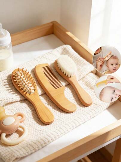 3pcs Newborn & Toddler Hair Brush Set - Wooden Baby Comb, Air Cushion Massage Brush, Baby Brush & Comb Set - Soft Bristles, Ideal For Cradle Cap, Newborn Shower And Registry Gifts, For Girls And Boys