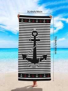 1条时尚简约黑色条纹沙滩巾，印有锚和海洋图案，速干吸水，适合旅行、露营、游泳池、瑜伽、健身、淋浴，必备沙滩度假用品（单面花卉印花，多种颜色可选） - 黑色條紋 - 查看 9