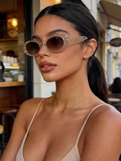 Women Men Light Brown Retro Oval Small Frame Fashion Glasses, Classic Plastic Casual Decorative Shades For Daily Outfits