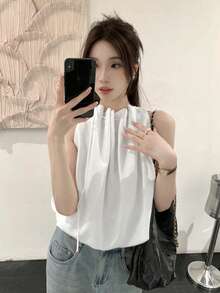 Áo tank top nữ cổ tròn, dáng rộng, thắt dây rút, màu trắng, kiểu dáng thường ngày, thích hợp cho mùa hè. - trắng - Xem 8