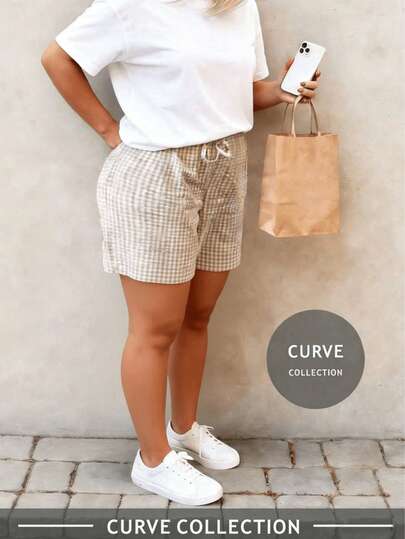 Plus Size Women Plaid Drawstring Waist Casual Versatile Daily Wear Shorts