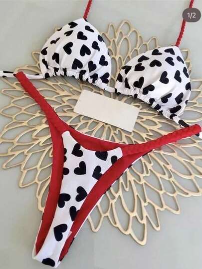 女士露背系带比基尼套装，心形印花，含丁字裤，休闲弹力泳装