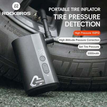ROCKBROS 1个迷你电动自行车气筒，150PSI，32秒快速充气，带数字压力表和自动断电功能，适用于法式和美式气嘴