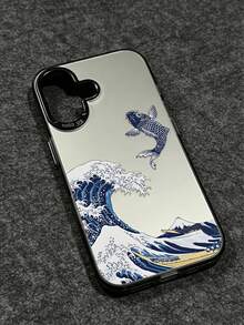 1pc Ukiyo-E Wave & Koi Fish Mirror Surface Phone Case, Metal Frame Anti-Drop, Japanese Art Protective Cover Compatible With Apple & Series - Black - View 2