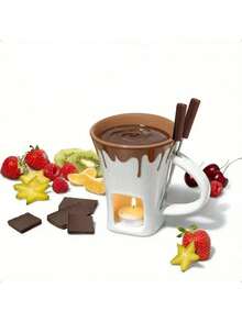 1 Set Ceramic Chocolate Cheese Fondue Set, Includes Mug - With Ceramic Bowl Stand, Ideal For Valentine's Day, Parties And Family Gatherings - No Stove Needed, Easy-To-Clean Surface, Perfect Gift For Cheese, Chocolate And Dessert Lovers, Modern Kitchen Utensil, Elegant Plates And Dishes, Butter Warmer, Essential For Home Cooking - Multicolor - View 2
