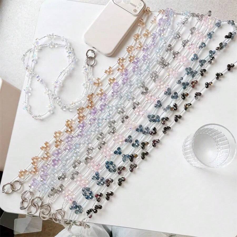 1pc Water Drop Crystal Beaded Phone Lanyard Strap, Transparent Bead Chain Fashionable Lightweight Phone Charm Detachable For Bag, Includes Transparent Clip - Multicolor - View 1