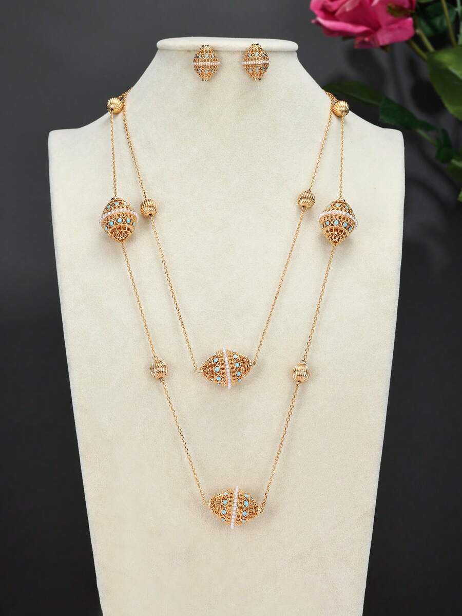 3pcs/Set Bohemian Faux Pearl Earrings, Long Necklace Jewelry Set, For Women Party Dress Festival Accessories - Yellow Gold - View 1
