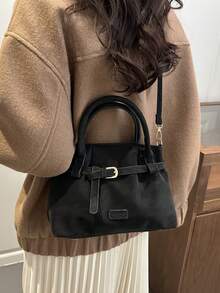 复古麂皮休闲单肩包，大容量手提包，简约时尚水桶包，适合通勤、购物、约会、旅行、办公、商务、生日礼物等场合，拉链封口，可调节肩带，肩带装饰 - 黑色 - 查看 5
