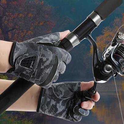 1 Pair Red/Black/Green Fishing Gloves, Sporty Casual Style Breathable Skin-Friendly Stretch Fabric Three-Finger Half-Finger Gloves With Non-Slip Silicone Palm Pad, Sun Protection Grip-Enhancing Outdoor Fishing Gloves For Fishing, Cycling, Hiking & Holiday Gifting (Summer)