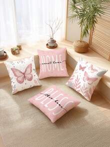 4 件套浅粉色蝴蝶叶子印花枕套，适用于客厅和卧室，涤纶材质，可机洗 - 粉色 - 查看 6