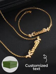 1set Personalized Customized Butterfly Zirconia Jewelry Set, Bracelet+Necklace Set, Butterfly Zirconia Inlay, Stainless Steel Customized Jewelry Set, Comes With Gift Box As Valentine's Day, Mother's Day, Ramadan Gift - Gold - View 1