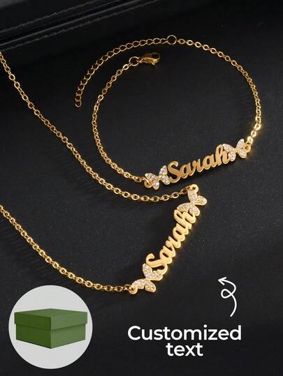 1set Personalized Customized Butterfly Zirconia Jewelry Set, Bracelet+Necklace Set, Butterfly Zirconia Inlay, Stainless Steel Customized Jewelry Set, Comes With Gift Box As Valentine's Day, Mother's Day, Ramadan Gift