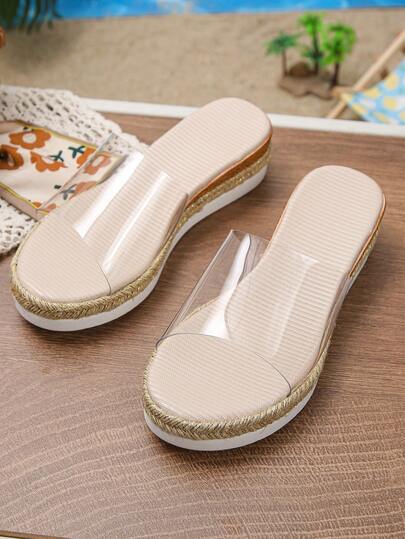 1双女童夏季厚底凉拖鞋，时尚透明套脚休闲室内外舒适厚底坡跟拖鞋