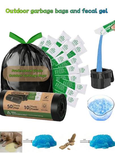 Camping Toilet Bags And Feces Gel Set. High-Quality Portable Toilet Bags Containing Camping Toilet Gel, Compostable, Suitable For Portable Toilets, Camping, Outdoor Hiking, Emergency Toilets, Outdoor Pet Dog Poop And Pee Sanitation, Pet Feces Gel Hardener. 8-Gallon Garbage Bags Suitable For Garbage Cans Up To 23cm In Diameter., Camping Equipment, Camping Essentials