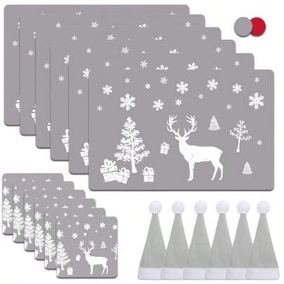 MQIAN 18PCS Christmas Placemats And Coasters Set Washable Heat Resistant Reindeer Placemats With Cup Mats