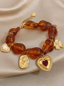 1条复古甜心琥珀心形花朵吊坠手链，18K镀金不锈钢材质，可调节，奢华优雅女士饰品，适合约会、下午茶、音乐节、生日礼物、浪漫波西米亚风配饰、情人节、派对、晚宴、日常佩戴、约会、新年、婚礼、海滩、圣诞节周年纪念日等场合。 - 彩色 - 查看 9