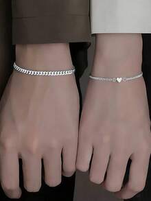 2pcs/Set Couple Heart Charm Bracelet, Exquisite Cuban Chain Hand Jewelry, Fashion Daily Accessory, Best Gift Choice - Couple Bracelets - View 9