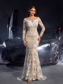 Faeriesty Elegant Mermaid Evening Gown With Sheer Floral Lace Overlay, Illusion Sleeves, And Open Back Design, Suitable For Weddings, Formal Events, And Red Carpet Occasions - White - View 4