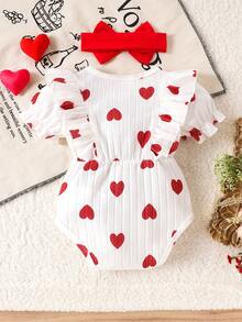 1pc Baby Girls Cute Heart Print Short Sleeve Bodysuit + Headband, Lightweight Summer Outfit - Red and White - View 2