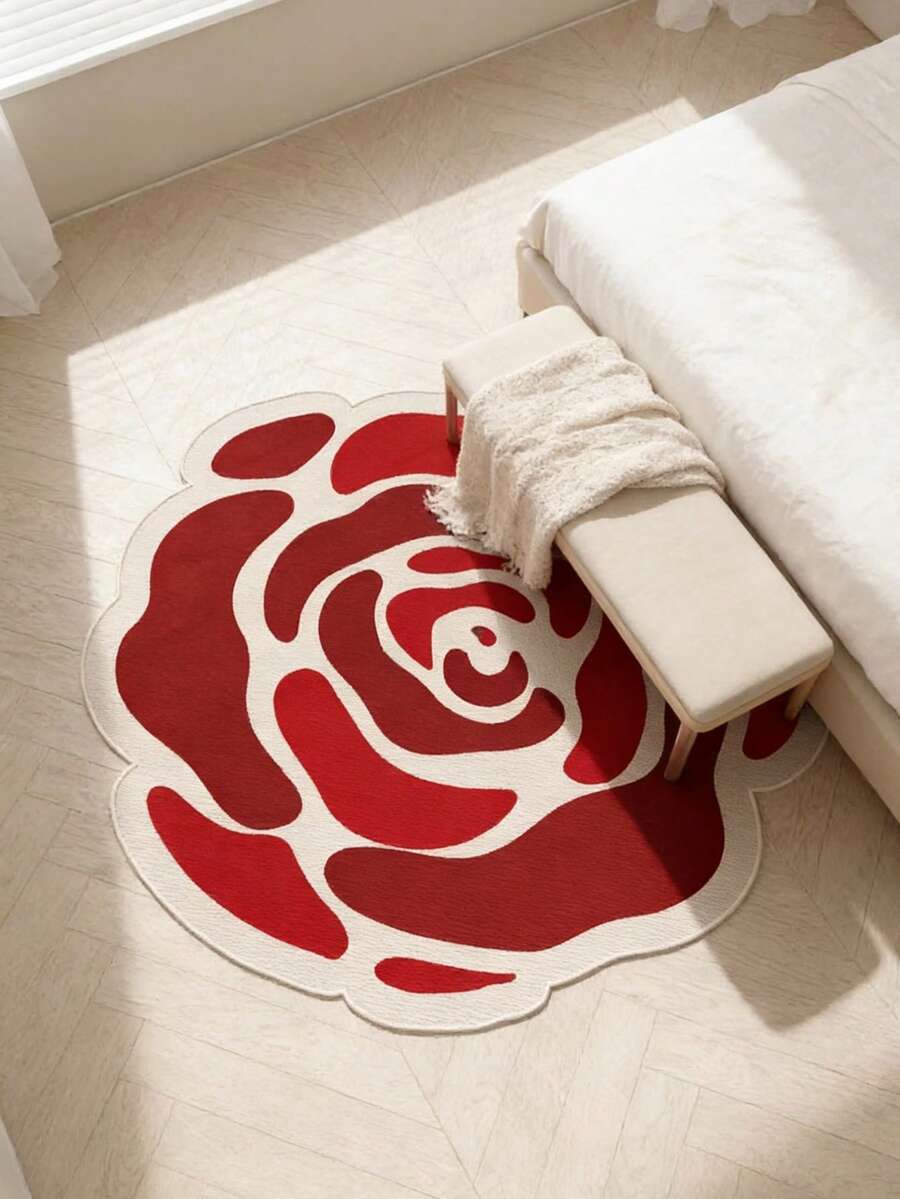 1pc Beautiful Rose Flower Shaped Decorative Rug, Red Rose Floral Print Bedside Carpet, Suitable For Traditional Festivals, Daily Home, Birthday Party Decor - Soft, Durable, Non-Slip, Machine Washable - For Living Room, Bedroom, Kitchen, Patio Decor, Bedroom Decor, Room Decor, Small Rug, Blanket, Outdoor Mat, Garden Mat, Living Room Carpet