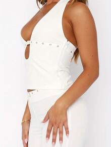 Women Halter Top, Sleeveless Tops Backless Hollowed Slim Summer Vest For Club Party - 白色 - 查看 2