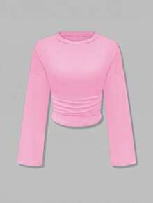 Nueva blusa elegante de manga larga con cuello redondo y volantes de unicolor, adecuada para vacaciones, citas, escuela, viajes y uso diario en primavera - rosa - Ver 6