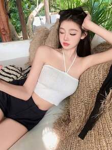 New Textured V-Neck Cropped Cardigan, Sleeveless Camisole Top, Lightweight Sun Protection Set For Spring/Summer - Milky White - View 8