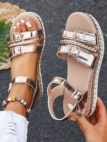 Sandalias de tacón alto con suela de cuerda para mujer, tacón de cuña, punta abierta, lazo, zapatos de plataforma con tacón grueso, adecuados para verano y primavera - Oro rosa - Ver 2