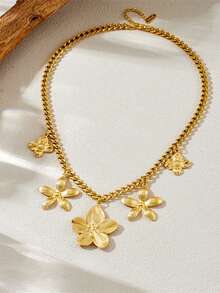 1件装奢华优雅镀金不锈钢五瓣花吊坠项链，配粗链，适合日常佩戴 - 金黃色 - 查看 4
