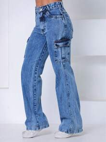 Wide Leg Cargo Jeans With Side Pockets - Blue - View 3