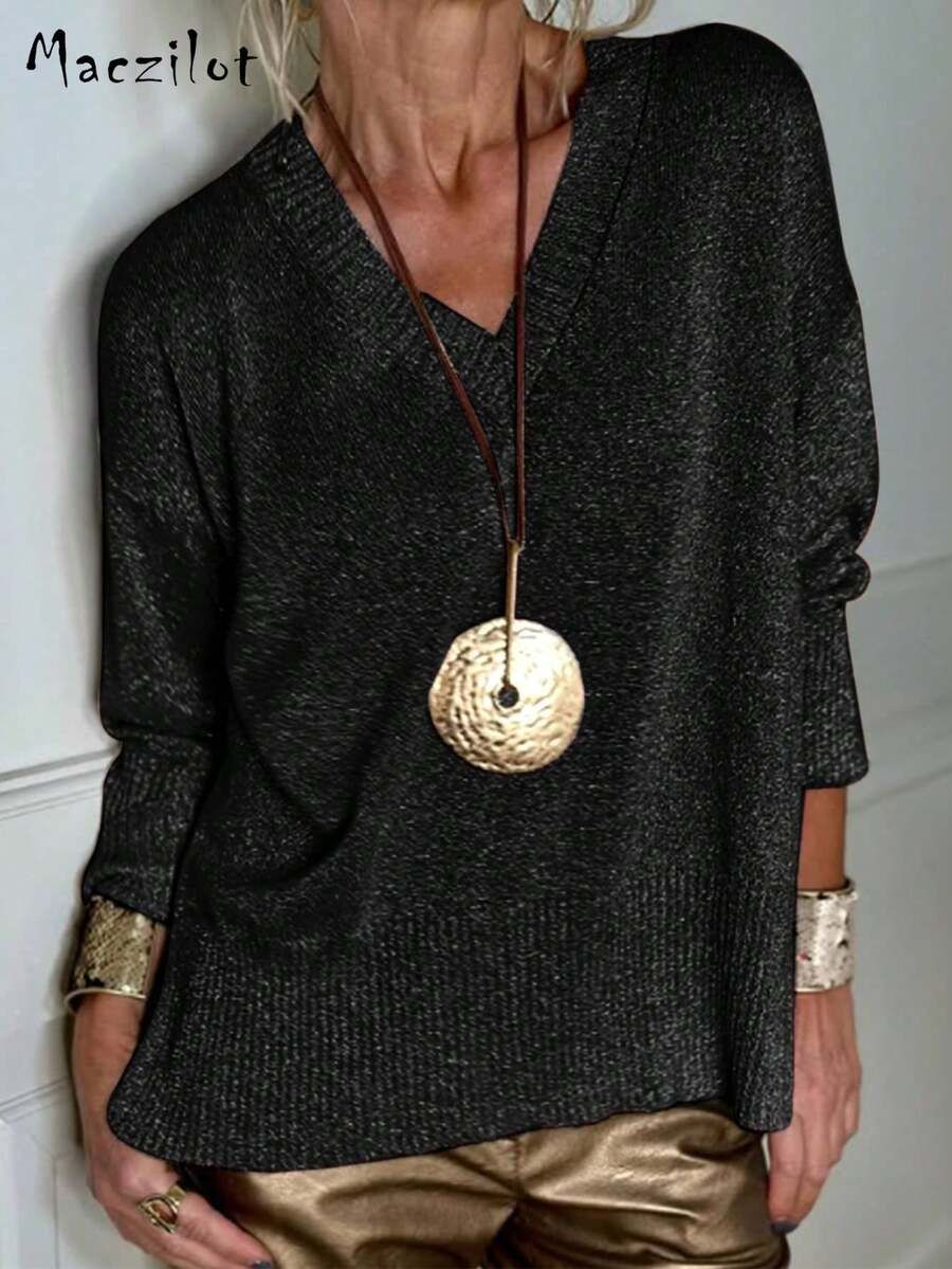 Plus Size Women Solid Color V-Neck Drop Shoulder Long Sleeve Casual Loose Sweater, Autumn/Winter Black