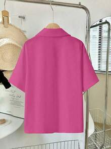 Freeform Casual Commute Minimalist Versatile Shirt, Ins Style Suitable For Work, Daily Casual And Dates, Spring, Summer, Autumn, With Golden Heart-Shaped Button Design, Comfortable - Hot Pink - View 2