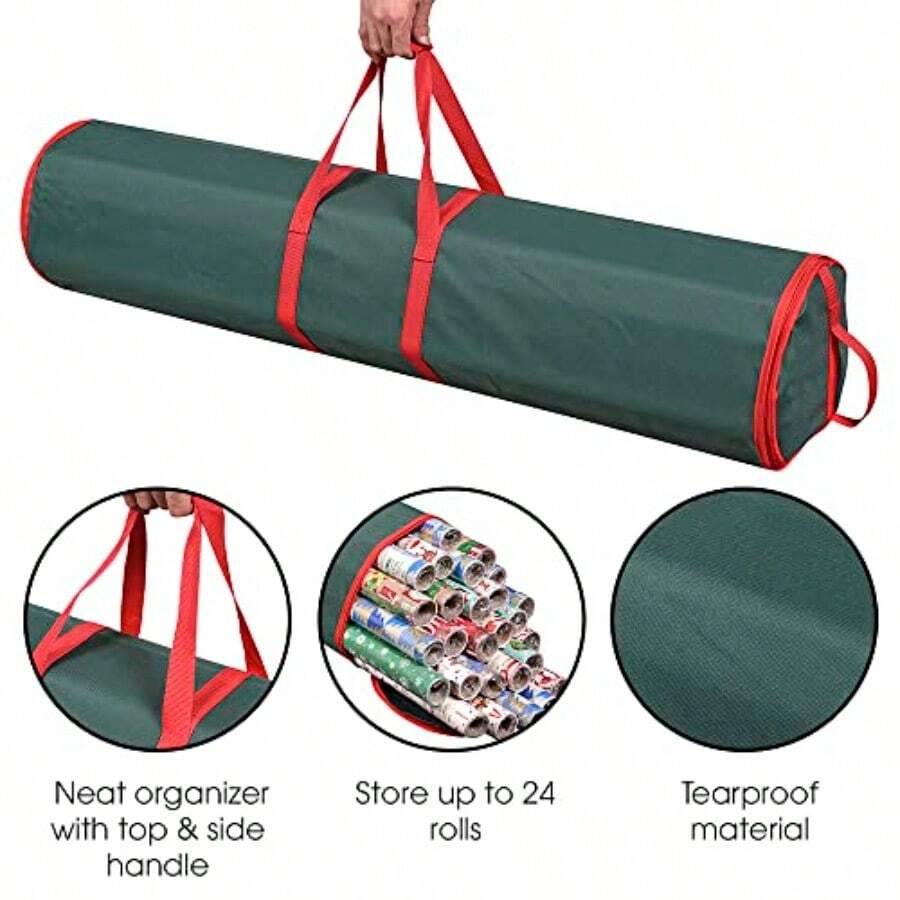 Organizador de Papel de Regalo ProPik, Paquete de 2 Unidades, Almacena hasta 48 Rollos de 40 Pulgadas de Largo, Material Oxford 600D Resistente, con Asas y Laterales Res, Color Verde - Verde - Ver 1