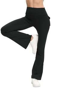 1 pieza Leggings acampanados de yoga para mujer. Dos bolsillos externos - Tela altamente elástica y suave - unicolor - Adecuado para yoga, fitness y uso diario. Un buen compañero para deportes al aire libre de las señoras. - Negro - Ver 5