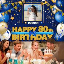 Custom Happy 80th Birthday Decorations Banner - 80 Years Old Birthday Decorations Backdrop For Women Men Boys Girls - Personalization Happy 80th Birthday Party Decorations Supplies - Navy Blue - 樣式 1 - 查看 3