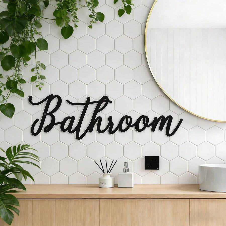 1pc Metal Bathroom Wall Decor Plaque - Black Iron Letter, Iron Metal Wall Art, Classic Style, Reusable And Removable, Suitable For Home Decor - Black - View 1