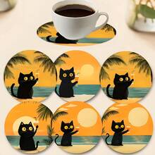 6pcs Cute Black Cat Printed Round Wooden Coasters, Heat-Resistant, Ideal For Beach Lovers And Home Decor, Suitable For Coffee Cups And Beverages, Beach Accessories - Wooden Board-coaster - View 1