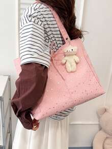 休闲尼龙女士手提包，大容量，时尚星形图案，女士单肩包，新款学生简约风格 - 粉色 - 查看 4