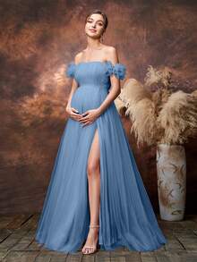 Faeriesty Elegant Maternity Off-Shoulder Maxi Party Gown | Sheer Mesh Fabric, 3D Floral Appliques - Dusty Blue - View 3