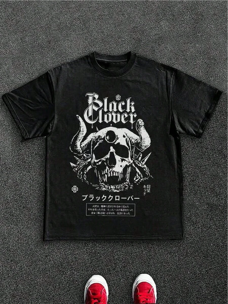Men's T Shirts Stylish Men's TShirt, 100% 220GSM Heavy Cotton, Black Clover Skull & Horns Graphic Design, Perfect For Casual Wear, Ideal For Rock Music Fans, A Great Gift Choice.Men's Casual Print Round Neck Short Sleeve T-Shirt Standard Fit T-Shirt For Men - Black - View 1