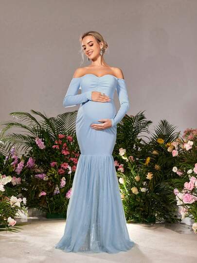 Faeriesty Elegant Maternity Soft Blue Off-Shoulder Long Sleeve Maxi Party Gown For Women, Chest Ruched Detailing For Feminine Dimension (Layered Texture Accentuation), For Spring Weddings, Mother's Day Celebrations