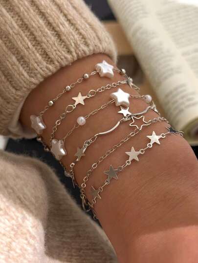 6pcs Minimalist Sweet Star Tassel Bracelet Set, Handmade Pearl Chain Bracelet With Star & Moon Decor For Women (Handmade Chain Length Can Be Customized, Not By Number Of Accessories)