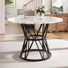 Dining Table Set (5 Pieces), Dining Table Set With 4 Chairs, Modern Kitchen Table Set, Round Dining Table Diameter 100 Cm, Black Metal Table Legs, MDF Marble Top, Grey Velvet Dining Chairs - C - View 5