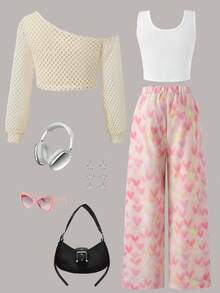 3pcs/Set Girls Casual Cream White Hollow Long Sleeve Top + White Tank Top + Pink Heart Cargo Wide Leg Pants Outfit, Suitable For Summer - Pink - View 2